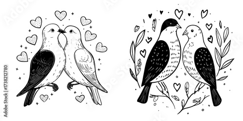 A loving scene of two pigeons is illustrated, with hearts appearing above the birds