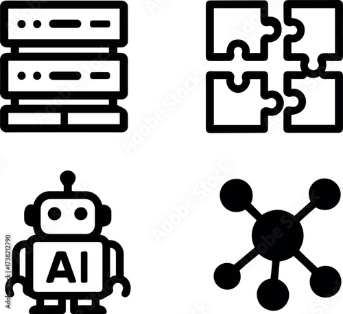 Vector illustration of a server rack, puzzle pieces, ai robot, and molecule structure