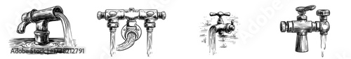 A hand-drawn doodle of a tap water icon is available as a line clipart symbol with an outline drawing