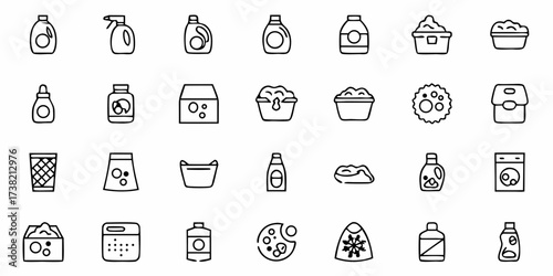 Essential laundry and cleaning product icons representing detergents bottles soap bars and washing machine for household chores and hygiene solutions