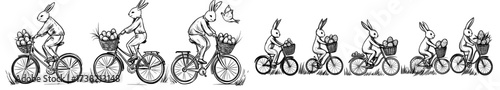 Eggs are carried in baskets on bicycles ridden by rabbits in silhouette