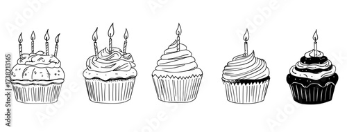Silhouettes of black and white cupcakes and cakes are adorned with candles and decorative toppings