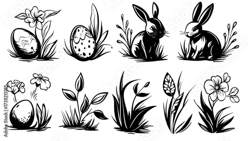 Rabbits and decorative eggs are set against a backdrop of floral elements in a delicate, dark shape