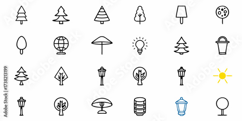 Collection of simple line art icons featuring trees, streetlights, a globe, a lightbulb, a sun, and a popsicle, perfect for diverse design projects and conceptual illustrations.