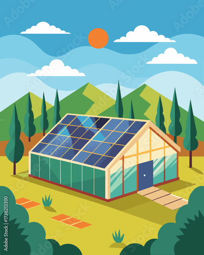 A selfsustaining greenhouse thrives in the countryside powered by an array of sunlit solar panels that line its walls.. Vector illustration