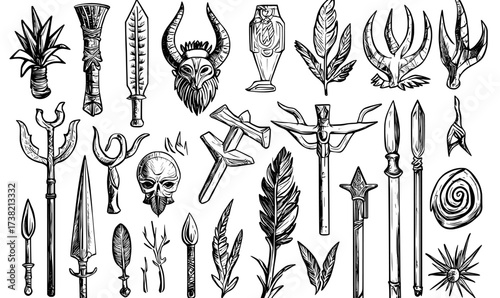 Abstract tribal symbols and emblems are showcased in a collection of black silhouettes