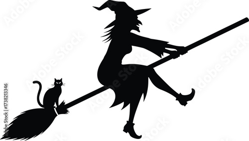 Halloween witch silhouette flying on broomstick with black cat, spooky magic illustration, scary dark fantasy art, holiday decoration, mystical artwork