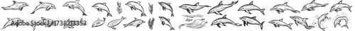A contemporary depiction of dolphin silhouettes in diverse playful poses is presented