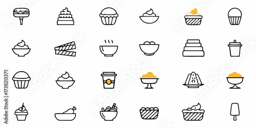 Delicious dessert icons and treats, from creamy ice cream and cupcakes to delightful pies and refreshing popsicles, perfect for food blogs and cafe branding