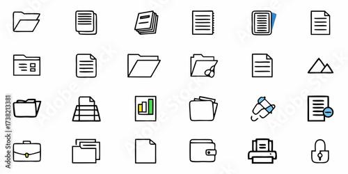 Professional business icons including folders documents charts briefcase wallet printer and security lock for modern presentations and digital workflows
