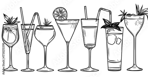The design features various cocktail silhouettes illustrated in black and white