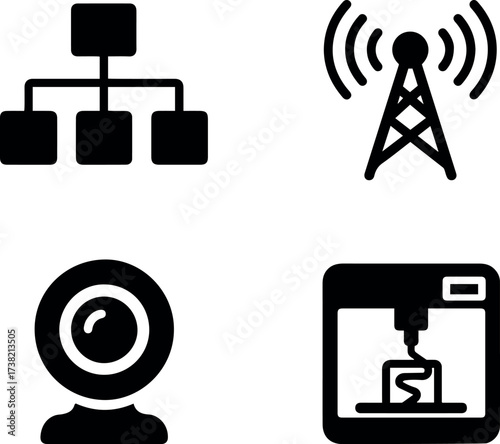 Vector illustration of network diagram antenna webcam and a d printer in black color