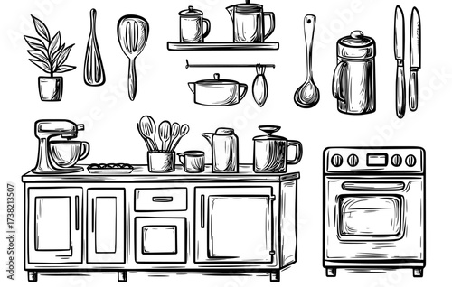 A silhouette illustration featuring a contemporary kitchen with cabinets and various appliances