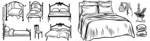 Various bed and bedding arrangements are shown in silhouette form on a white background