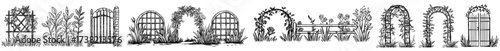 Outline of diverse garden trellises with climbing vines and plants