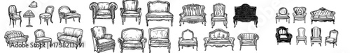 A compilation of vintage furniture shapes features chairs and sofas