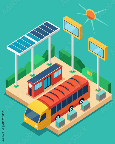 A public transportation depot features a solarpowered charging area keeping commuters connected while waiting for buses and trains.. Vector illustration