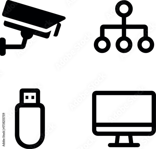 Vector illustration of security camera network diagram usb drive and computer monitor