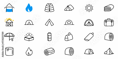 Discover essential camping gear and outdoor adventure icons, perfect for travel blogs, nature guides, and adventure planning, inspiring your next getaway with vibrant, hand-drawn style elements.