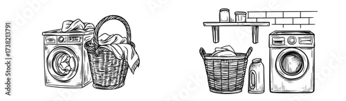 Icons of laundry machines, baskets, and detergents for household use are depicted in silhouette form