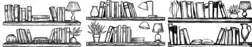 A black and white silhouette illustration features bookshelves filled with books and decorative items