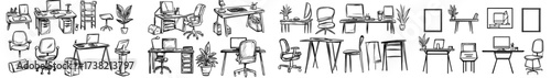Illustrations of silhouettes featuring different office desks and tables