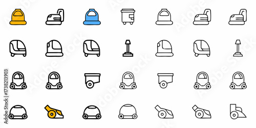 Diverse collection of modern transportation and utility vehicle icons representing futuristic travel, compact cars, and cleaning equipment for dynamic design projects.