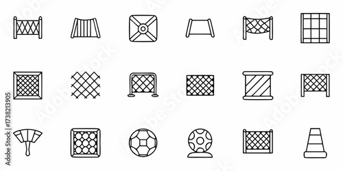 Dynamic collection of sport nets, fences, and cones offering versatile design elements for athletic and construction themes, perfect for modern projects.