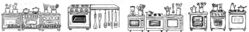 The image depicts kitchen appliances and utensils in a silhouette style, showcasing their various forms