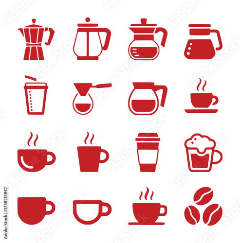 Collection of Red Coffee Icons and Utensils on White Background