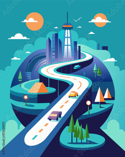 A revolutionary concept of selfsustaining roadways providing both transportation and energy for the future.. Vector illustration