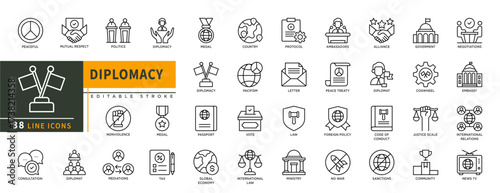 Minimalist Diplomacy line icons set with editable stroke, featuring peaceful, mutual respect, politics, medal, country, pacifism, international law, vote, economy, embassy. thin linear illustration.