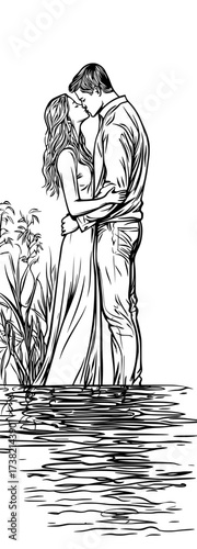 The image of a romantic couple kissing is silhouetted against the water, which reflects their loving gesture, making it suitable for love themes