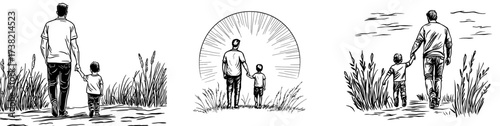 The silhouette of a father and son holding hands as they walk through the grass is ideal for family themes