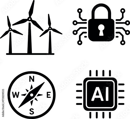 Vector illustration showcasing windmills, a padlock, compass and ai chip in black and white