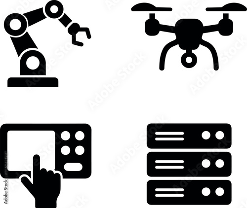 Vector illustration showing a robotic arm drone touchscreen and server stack in black