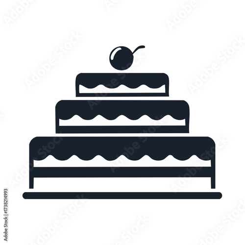 A simple three tiered celebration cake icon with a cherry on top representing special events and desserts