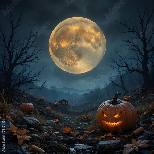 A spooky Halloween landscape featuring a glowing pumpkin, eerie atmosphere, and dark style, evoking mystery.