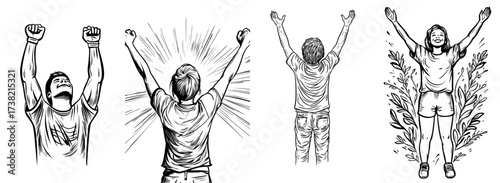 A person's silhouette with arms raised represents victory and success