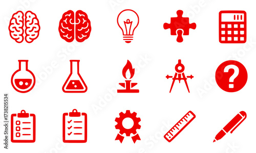 Collection of Red Science and Education Icons on White Background
