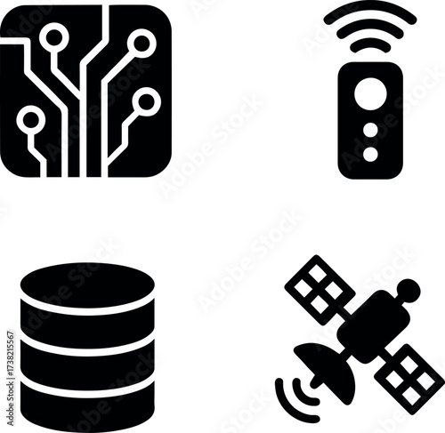 Vector illustration showing circuit board remote database and satellite communication icons