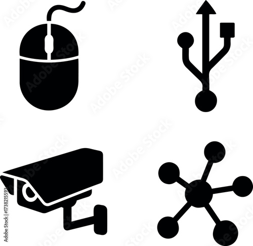 Vector illustration showing computer mouse usb security camera and network connection