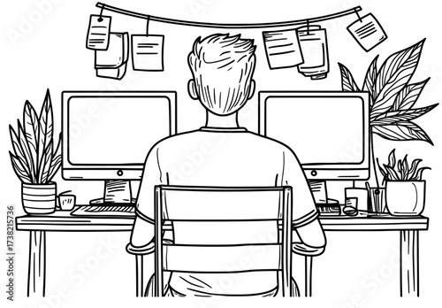 The figure of a person working at a computer with two monitors is illustrated, commonly used in office or home spaces