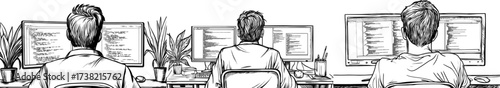 A programmer's silhouette is visible as they work on several computer screens to develop software