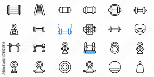 Dynamic collection of modern fitness equipment icons showcasing strength training and exercise gear for a healthy lifestyle and gym branding
