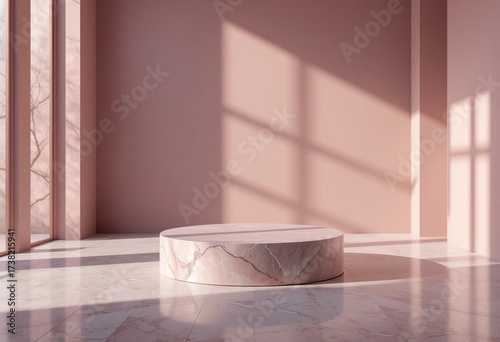 Marble display platform near tall windows. Sunlit pink interior with tree shadows. Minimal product scene with copy space.