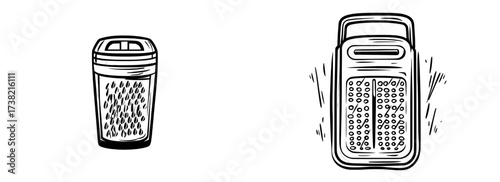 A flat style grater icon is depicted in a modern cookery illustration set against an isolated background as a symbol for a kitchen utensils business