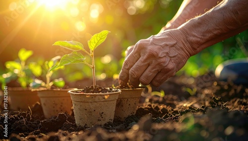 Hands Planting Seedling in Biodegradable Pot at Golden Hour Sunlight