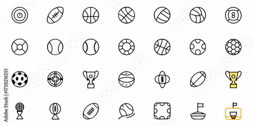Dynamic collection of sport icons showcasing balls, trophies, and game elements perfect for websites, apps, and marketing materials celebrating athletic achievement and active lifestyles.