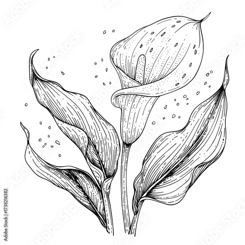 A modern Calla Lily branch is depicted in a watercolor painting set against a white background